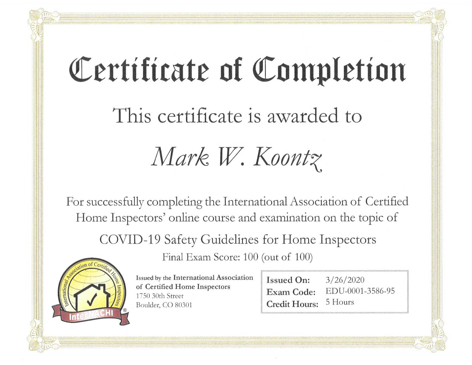 Mark Koontz Certificate for Home Inspection Covid-19